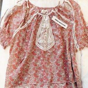 NWT Urban Outfitters Orange and Pink Puff Sleeve Blouse